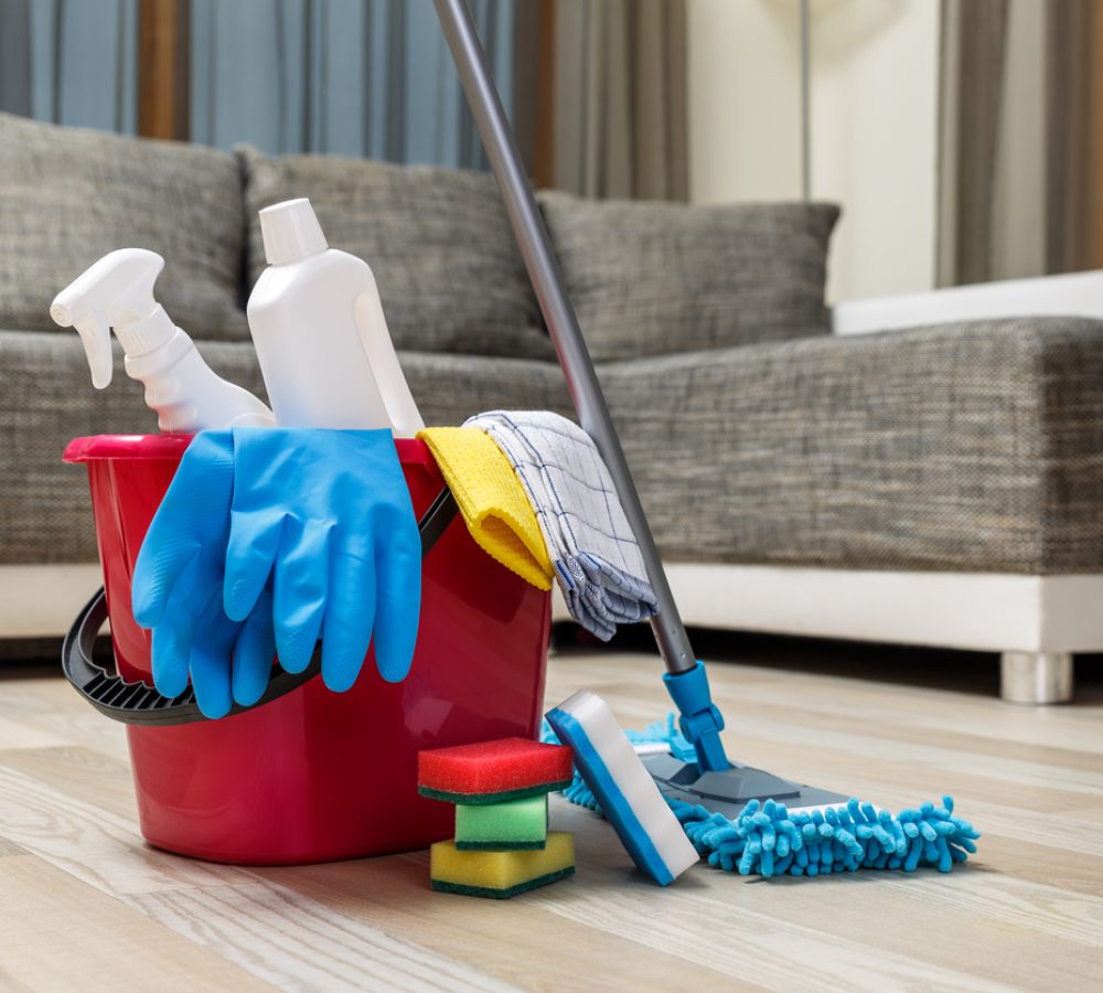 Cleaning service. Bucket with sponges, chemicals bottles and mopping stick. Rubber gloves and towel. Household equipment.